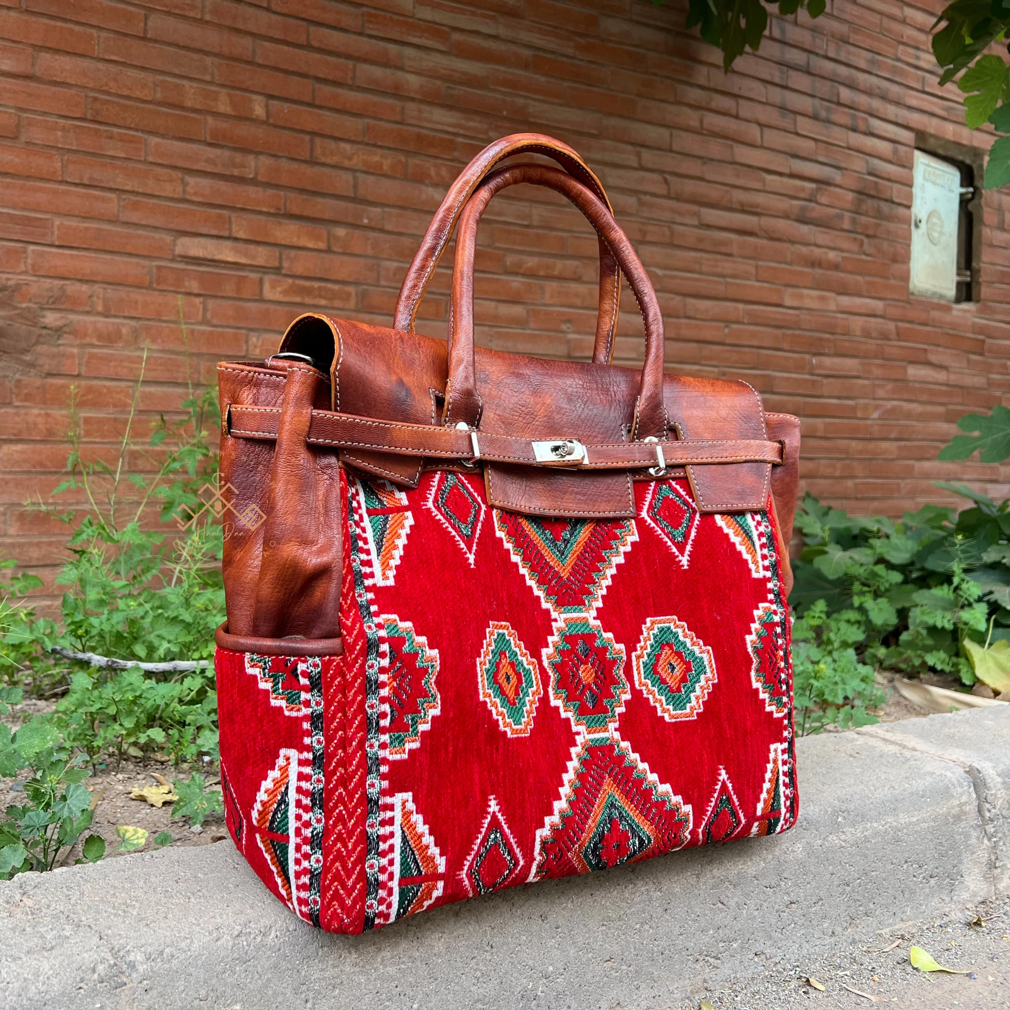 Moroccan Leather Kilim Handbag - Boho Red Carpet Tote Bag