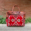 Moroccan Leather Kilim Handbag - Boho Red Carpet Tote Bag