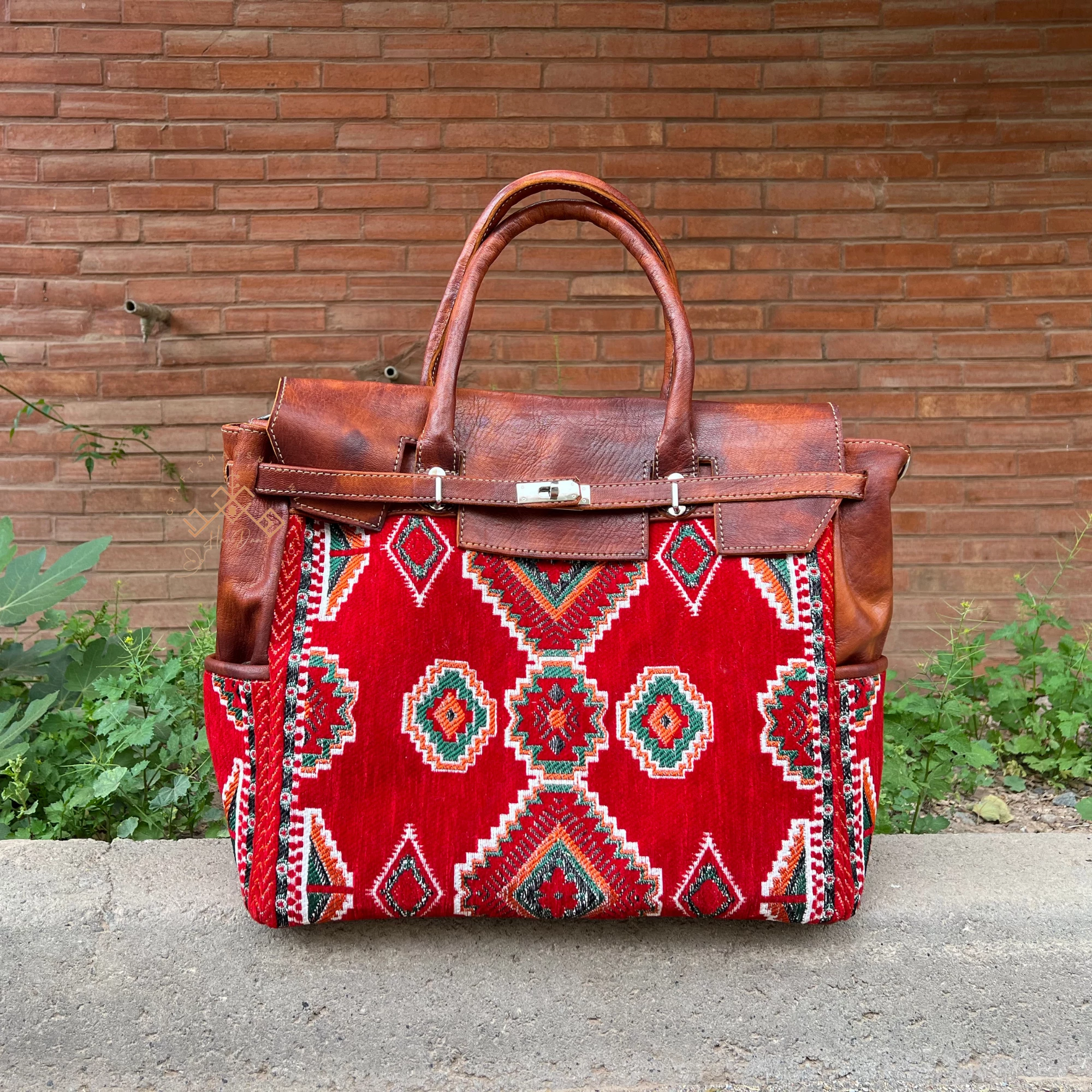 Moroccan Leather Kilim Handbag - Boho Red Carpet Tote Bag - Image 5
