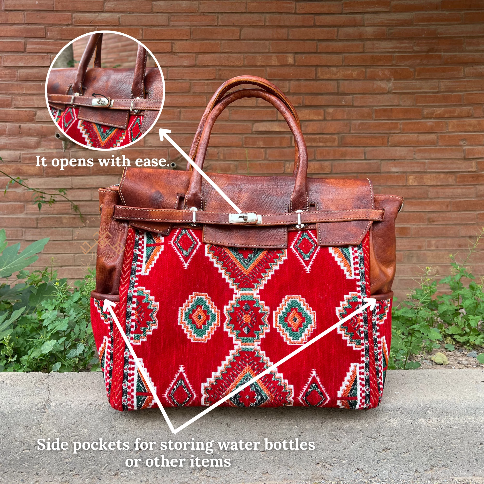 Moroccan Leather Kilim Handbag - Boho Red Carpet Tote Bag - Image 6