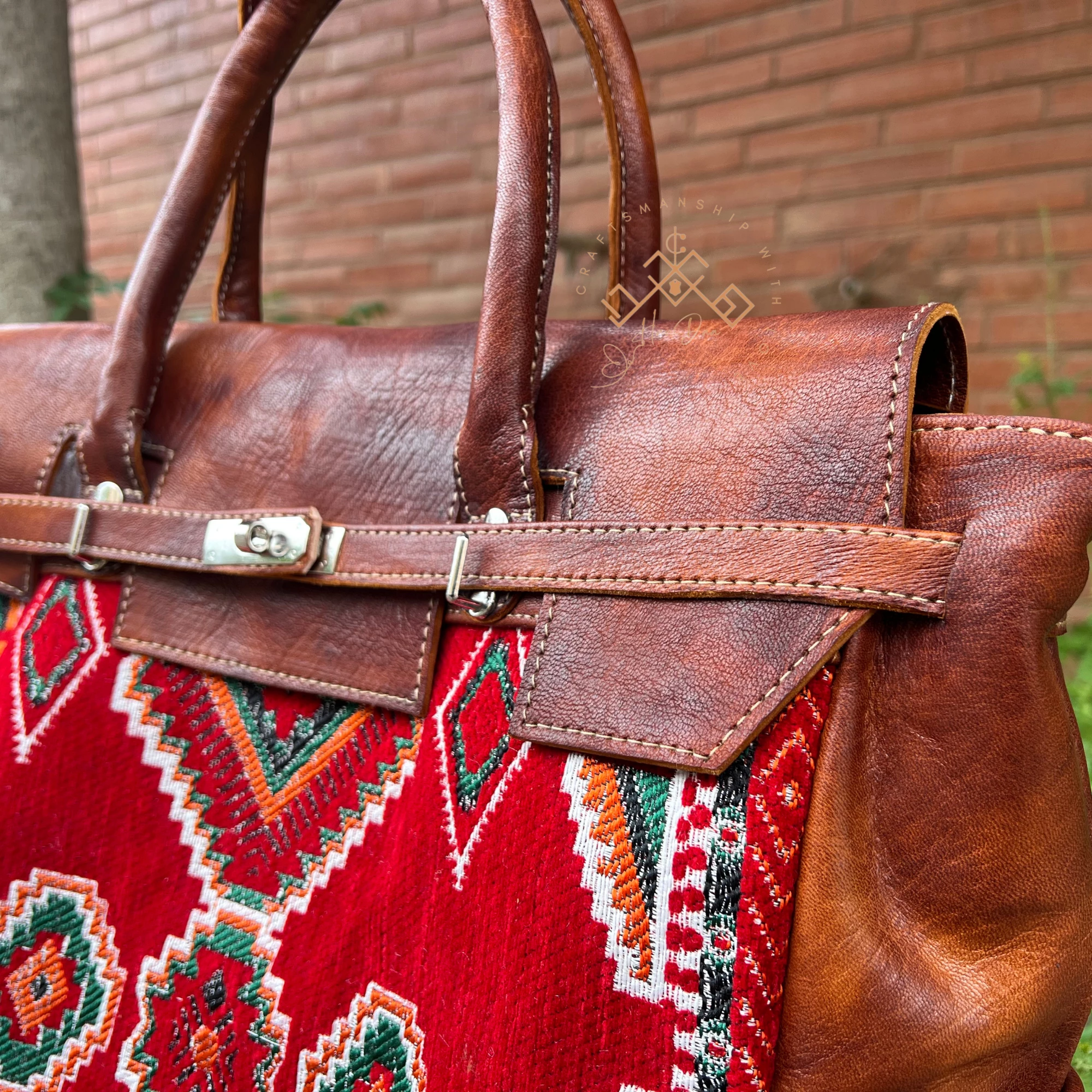 Moroccan Leather Kilim Handbag - Boho Red Carpet Tote Bag - Image 3