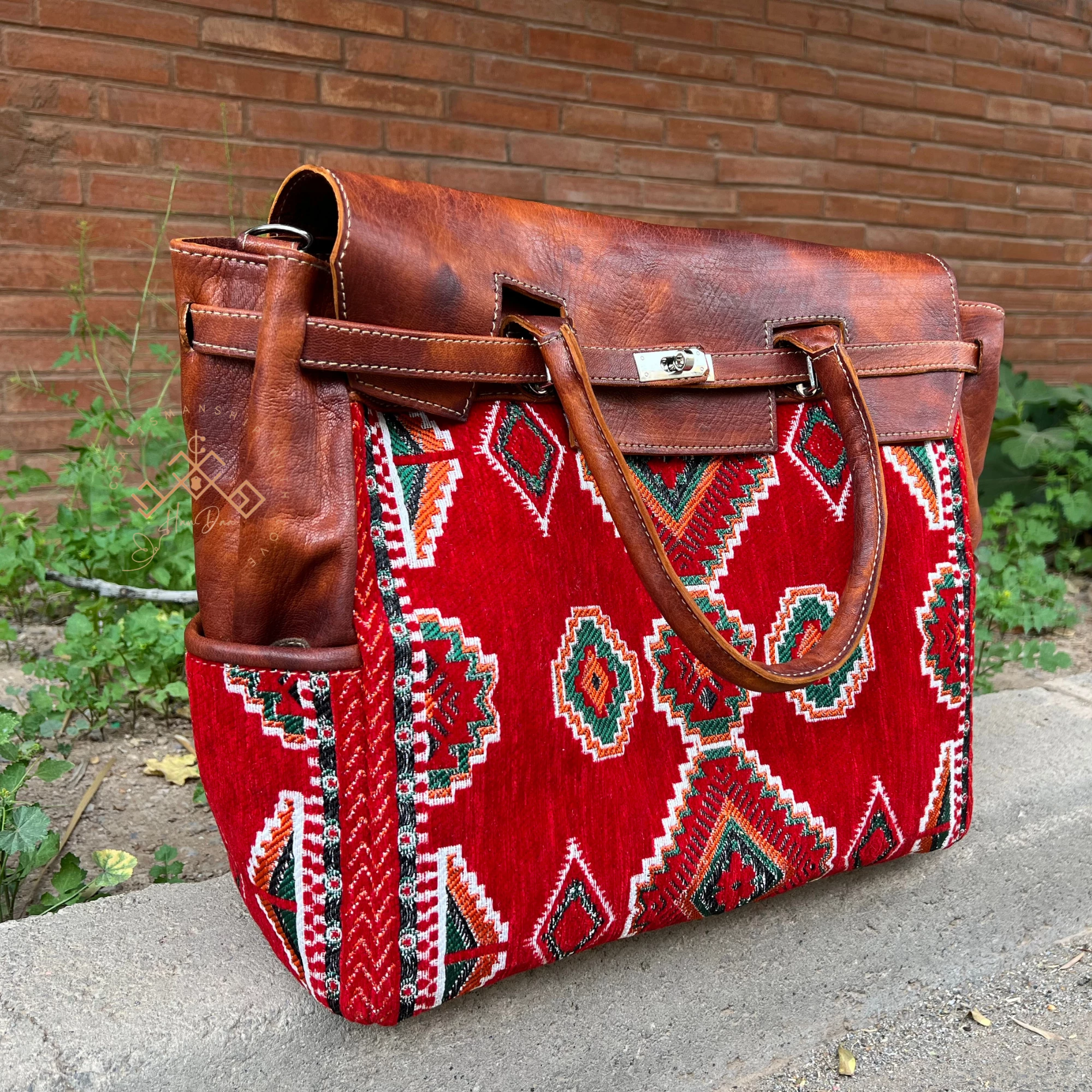 Moroccan Leather Kilim Handbag - Boho Red Carpet Tote Bag - Image 4