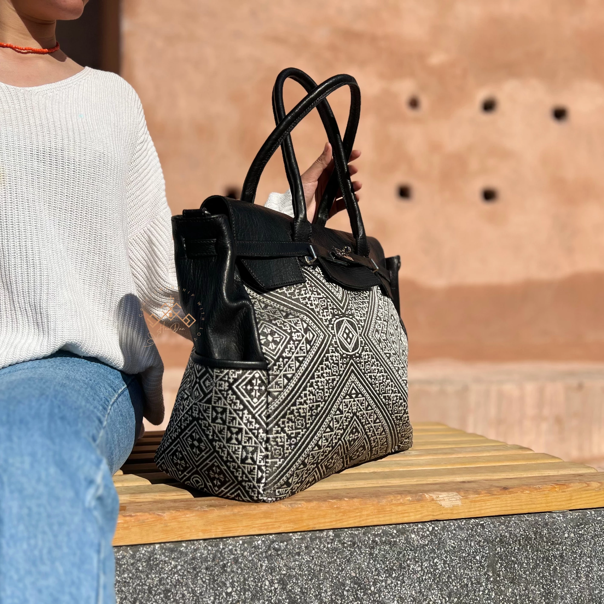 Black Genuine Leather & Red Kilim Bag for Women - Image 2
