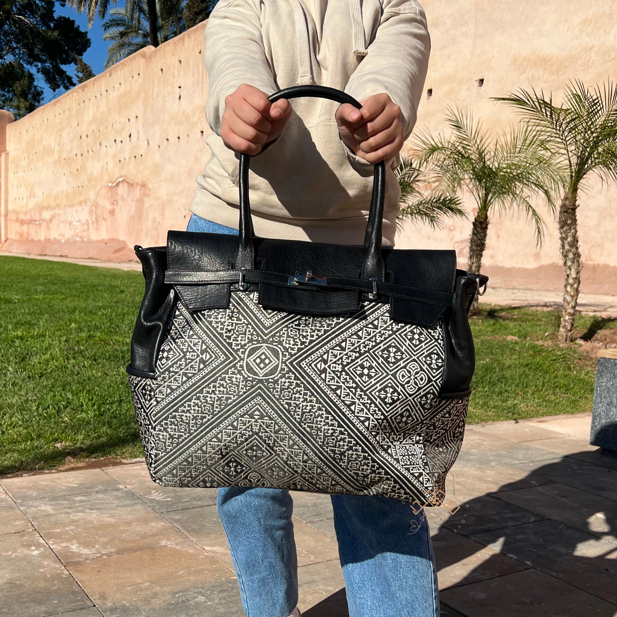 Black Genuine Leather & Red Kilim Bag for Women - Image 3