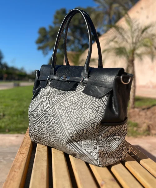 Black Genuine Leather & Red Kilim Bag for Women