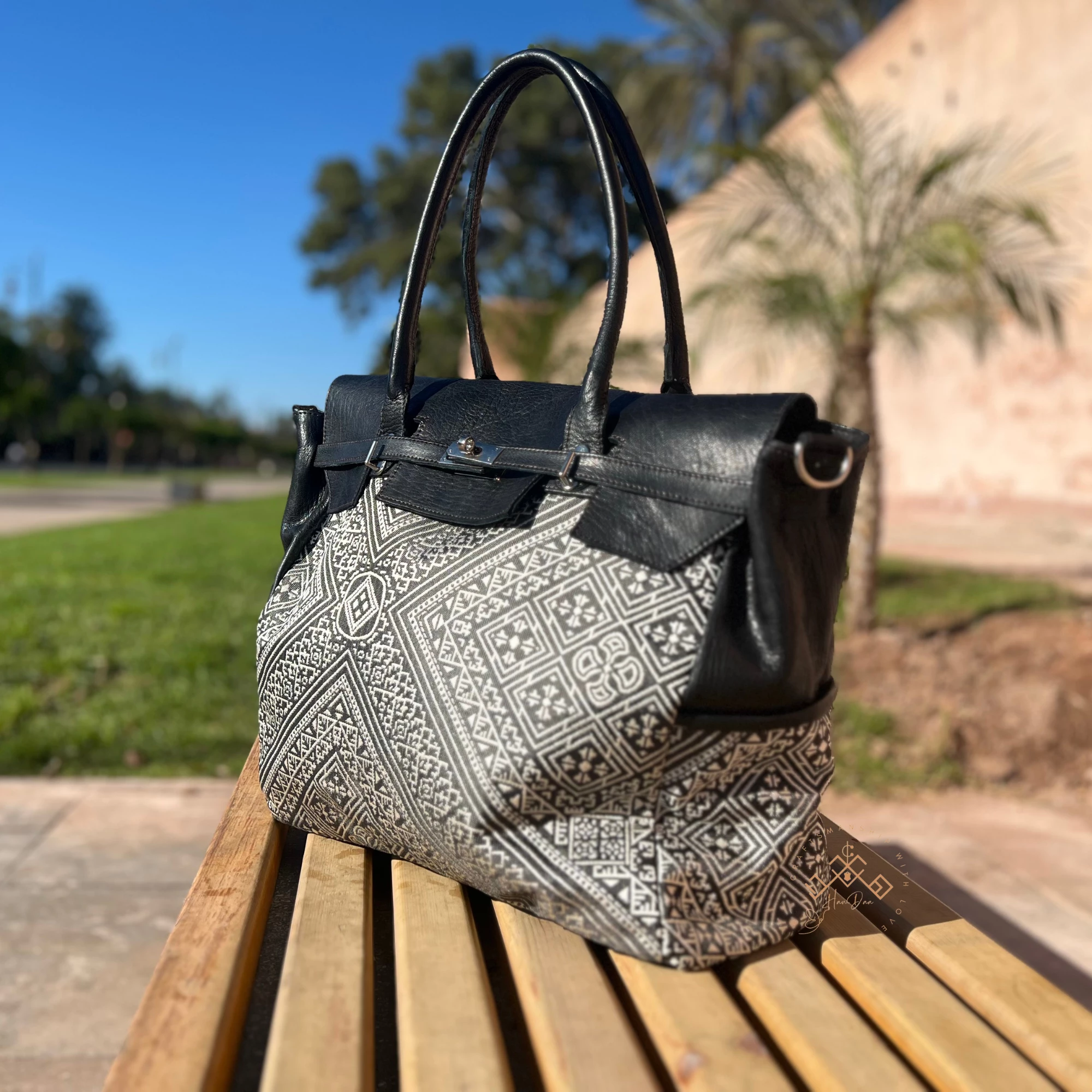 Black Genuine Leather & Red Kilim Bag for Women