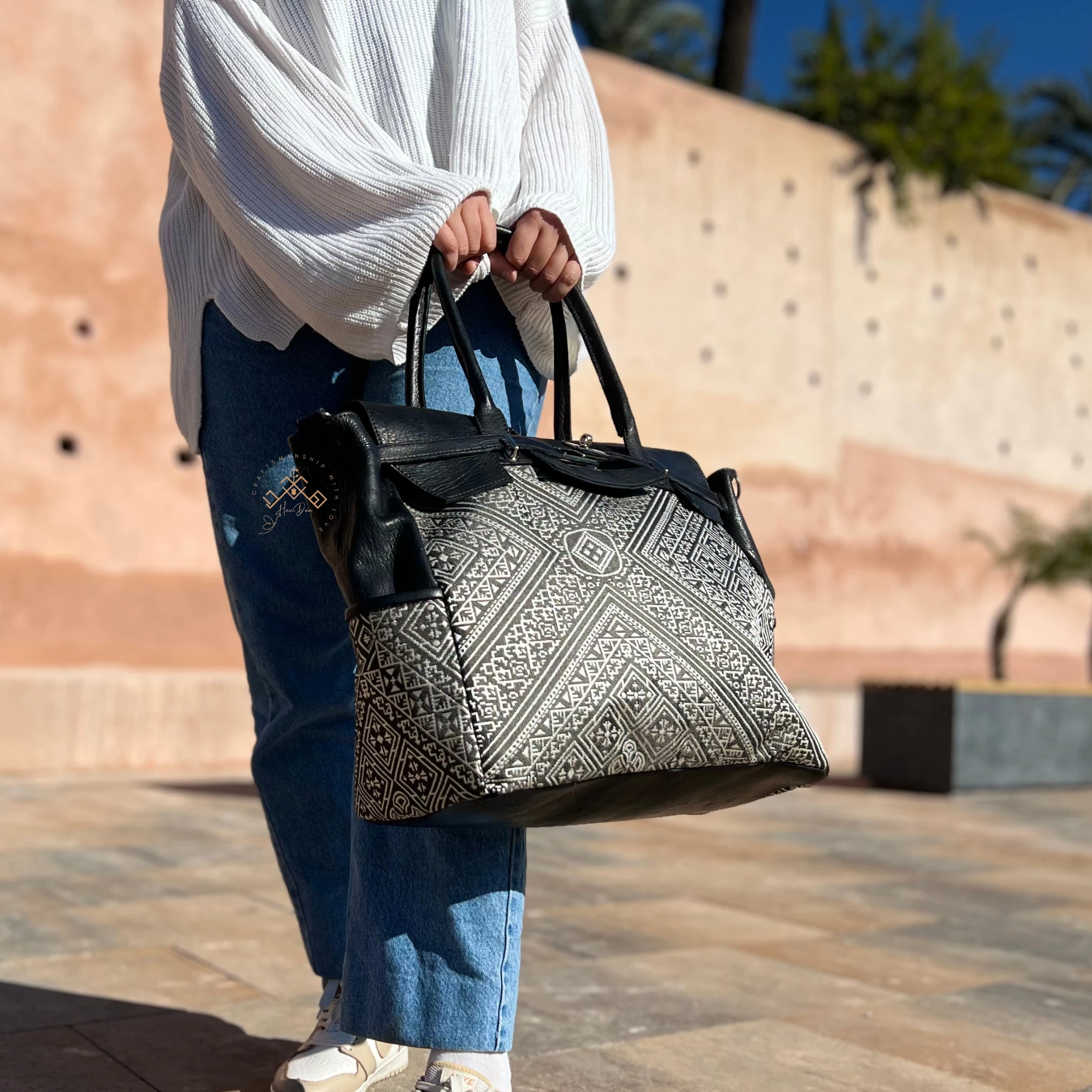 Black Genuine Leather & Red Kilim Bag for Women - Image 4