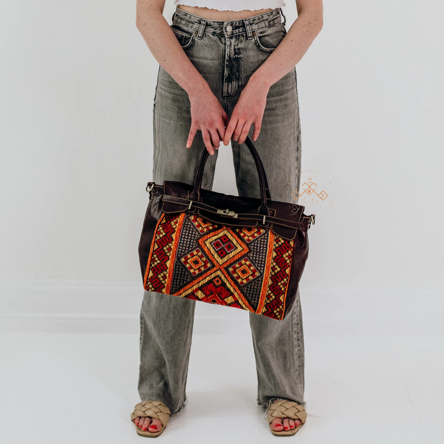 Luxe Kilim Shoulder Bag - Brown Leather Unique Handbag - Image 7
