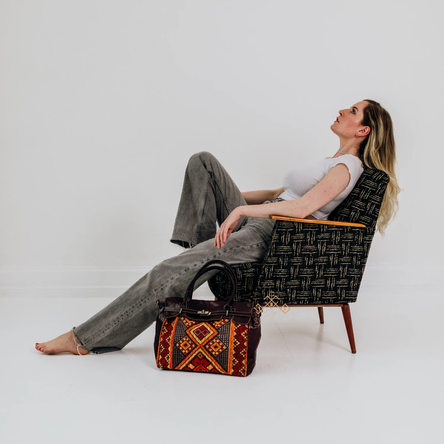 Luxe Kilim Shoulder Bag - Black Leather Unique Handbag - Image 3