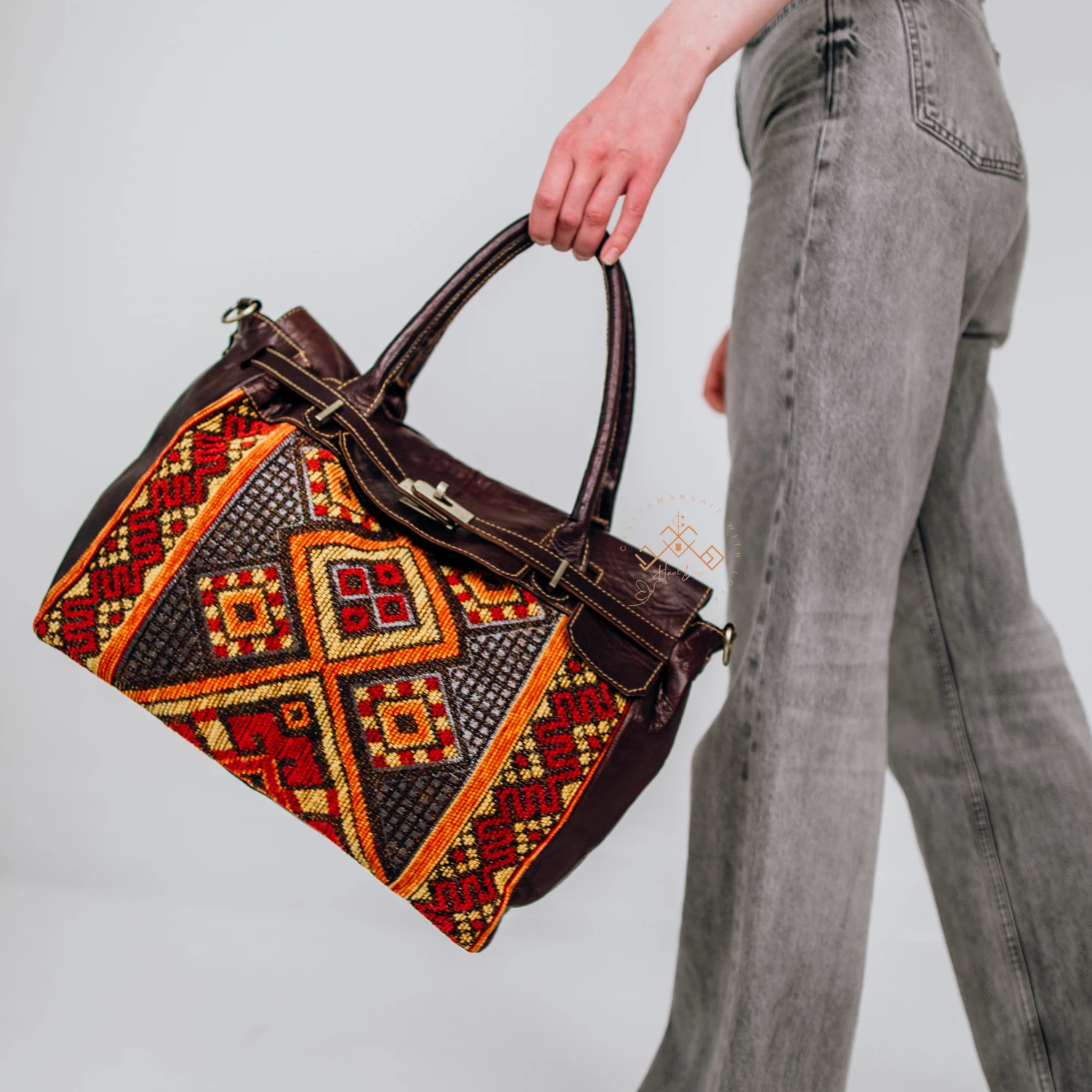 Luxe Kilim Shoulder Bag - Brown Leather Unique Handbag - Image 2