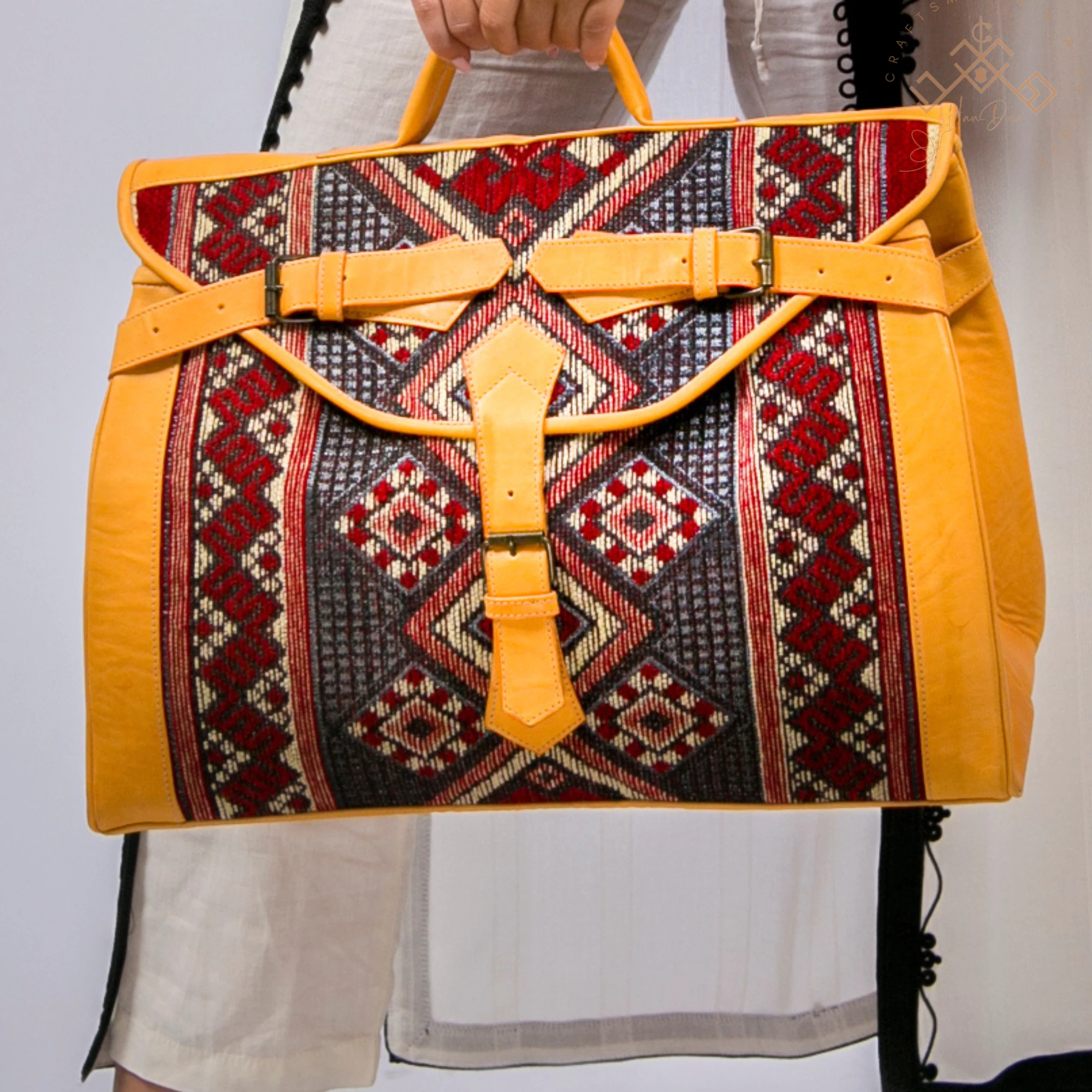 Luxury Havan Leather Duffel - Red Kilim Travel Bag