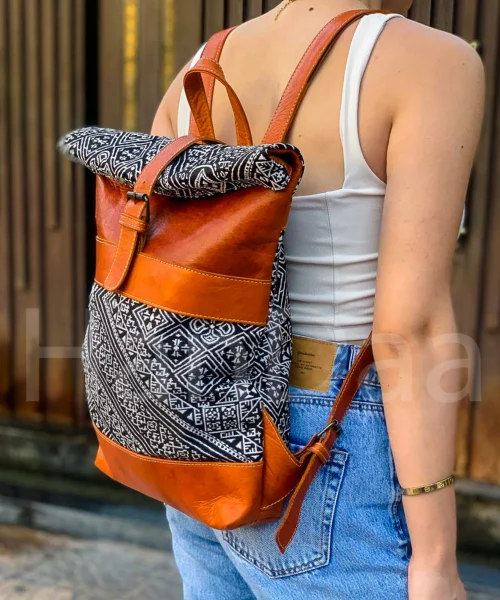 Havan Leather Roll Top Backpack - Unique Kilim Travel Bag
