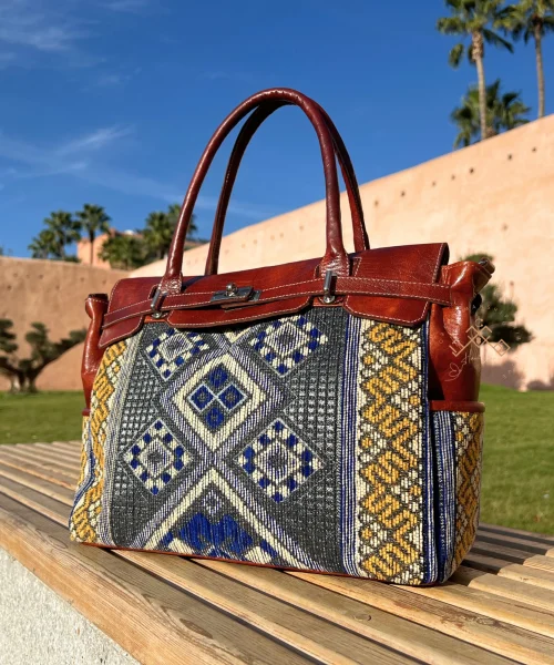 Brown Leather & Blue Kilim Handbag - Unique Carpet Tote bags