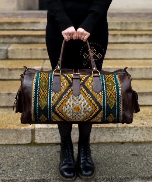Large kilim Travel leather Bag - Green Kilim Weekender Duffel