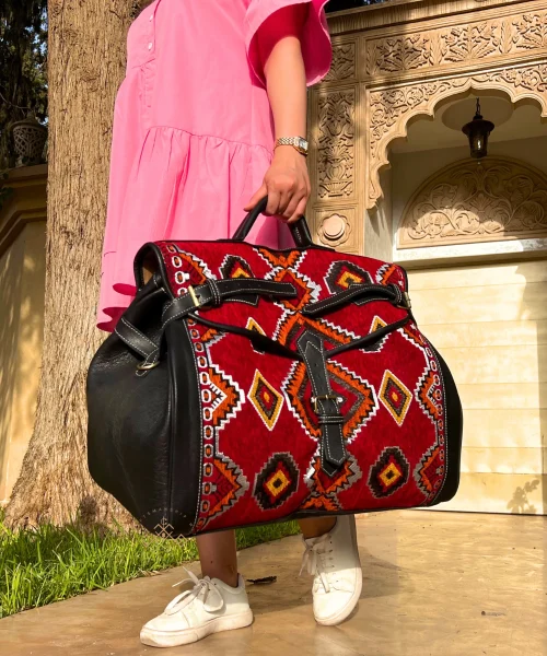 Large Red Kilim Travel Bag - Black Genuine Leather Weekender Duffel