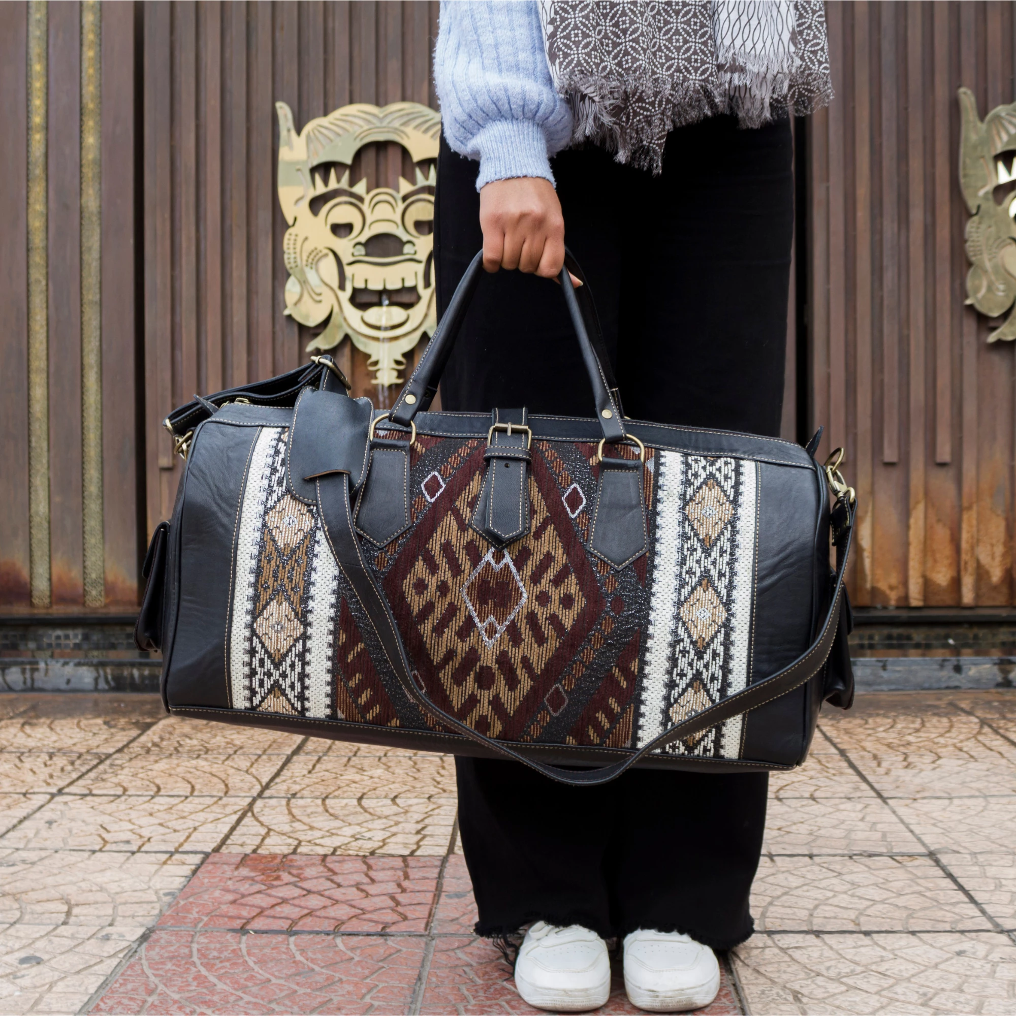 Large Black Leather Travel Bag - Brown Kilim Weekender Duffel - Image 8