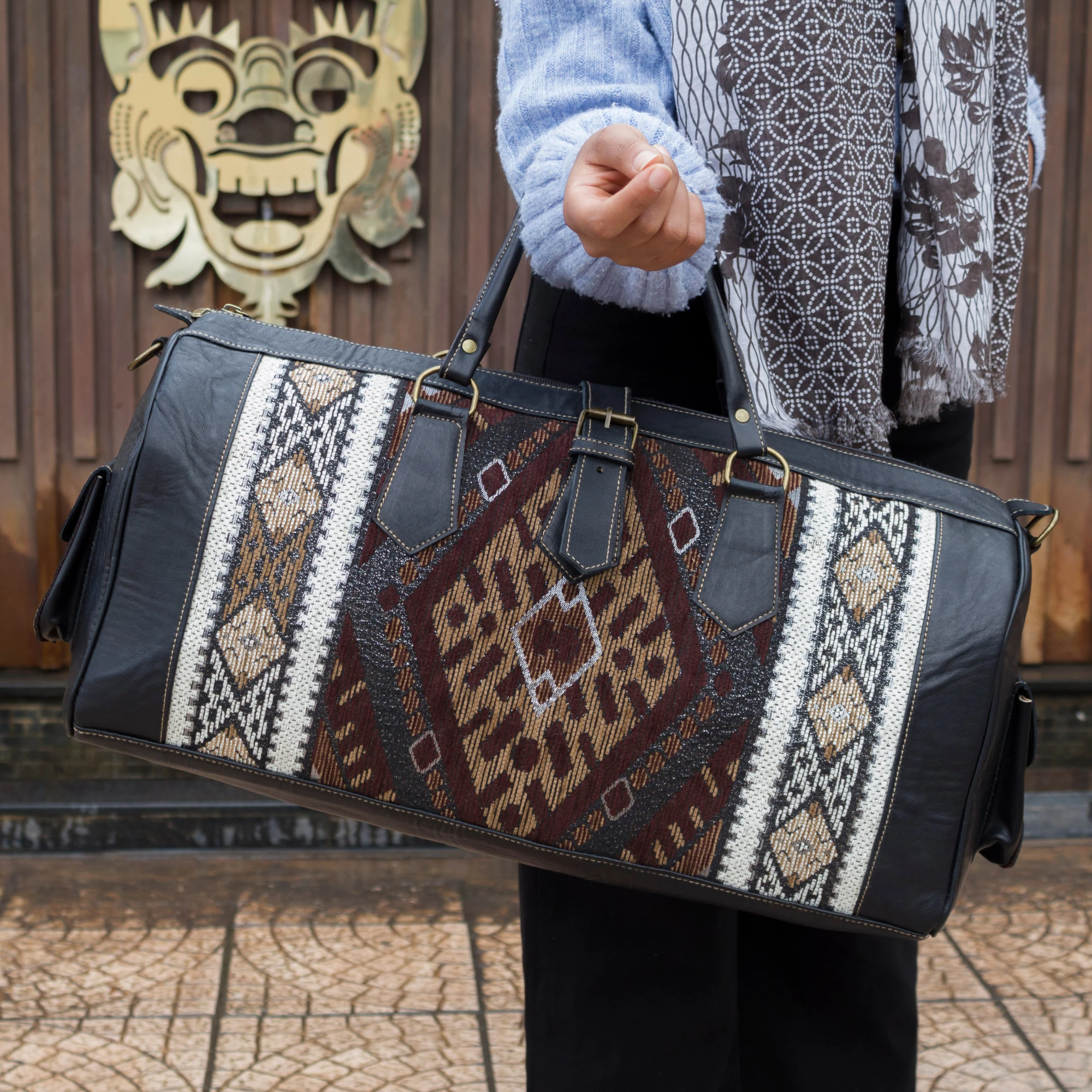 Large Black Leather Travel Bag - Brown Kilim Weekender Duffel - Image 4