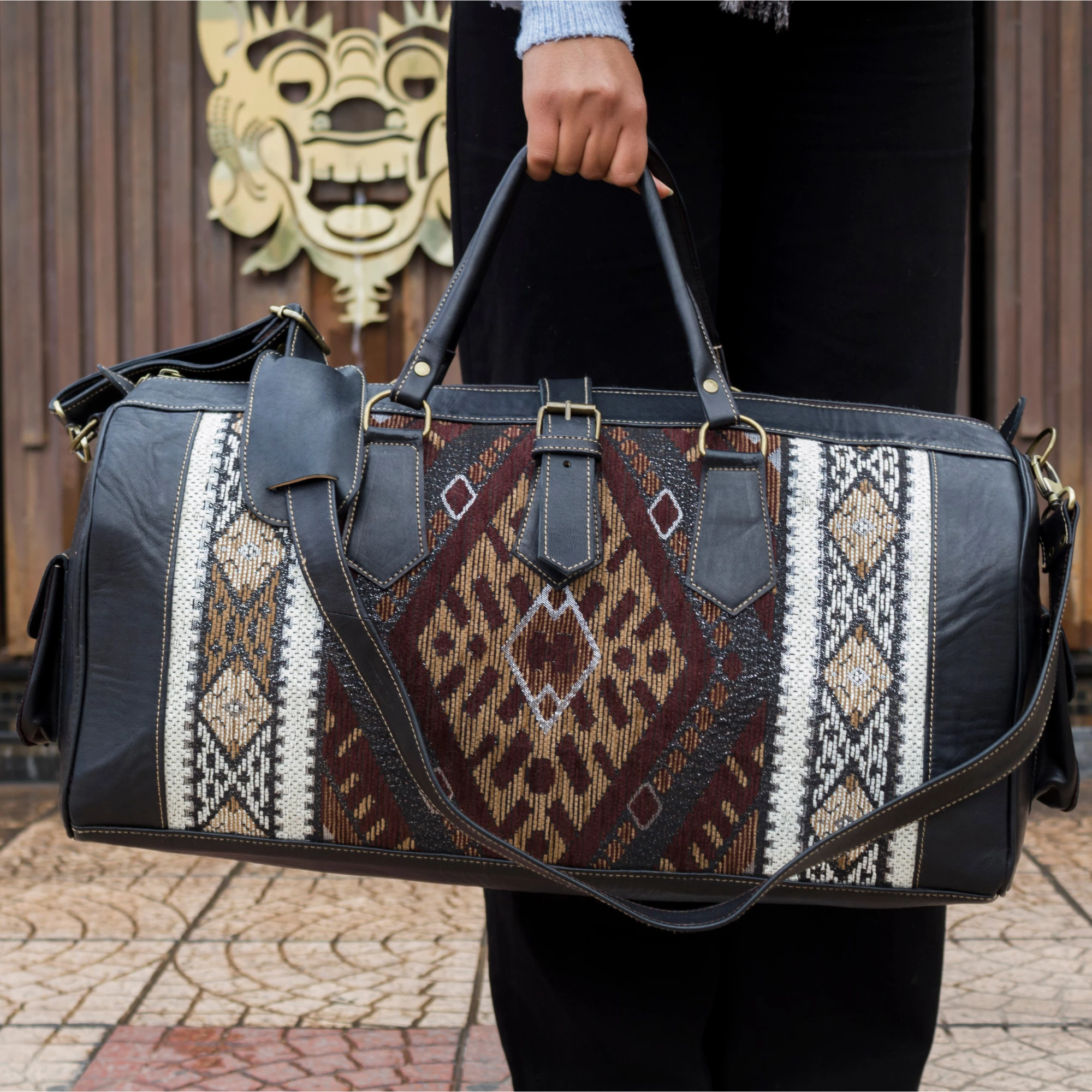 Large Black Leather Travel Bag - Brown Kilim Weekender Duffel - Image 9