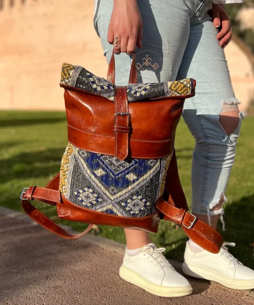 Brown Leather Roll Top Backpack - Blue Kilim Unique Travel Backpack