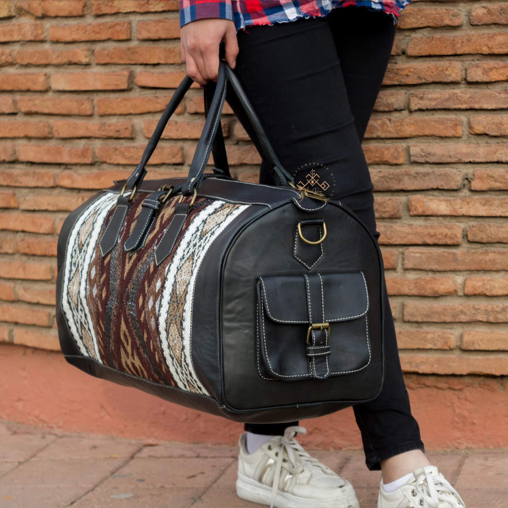 Large Black Leather Travel Bag - Brown Kilim Weekender Duffel - Image 6