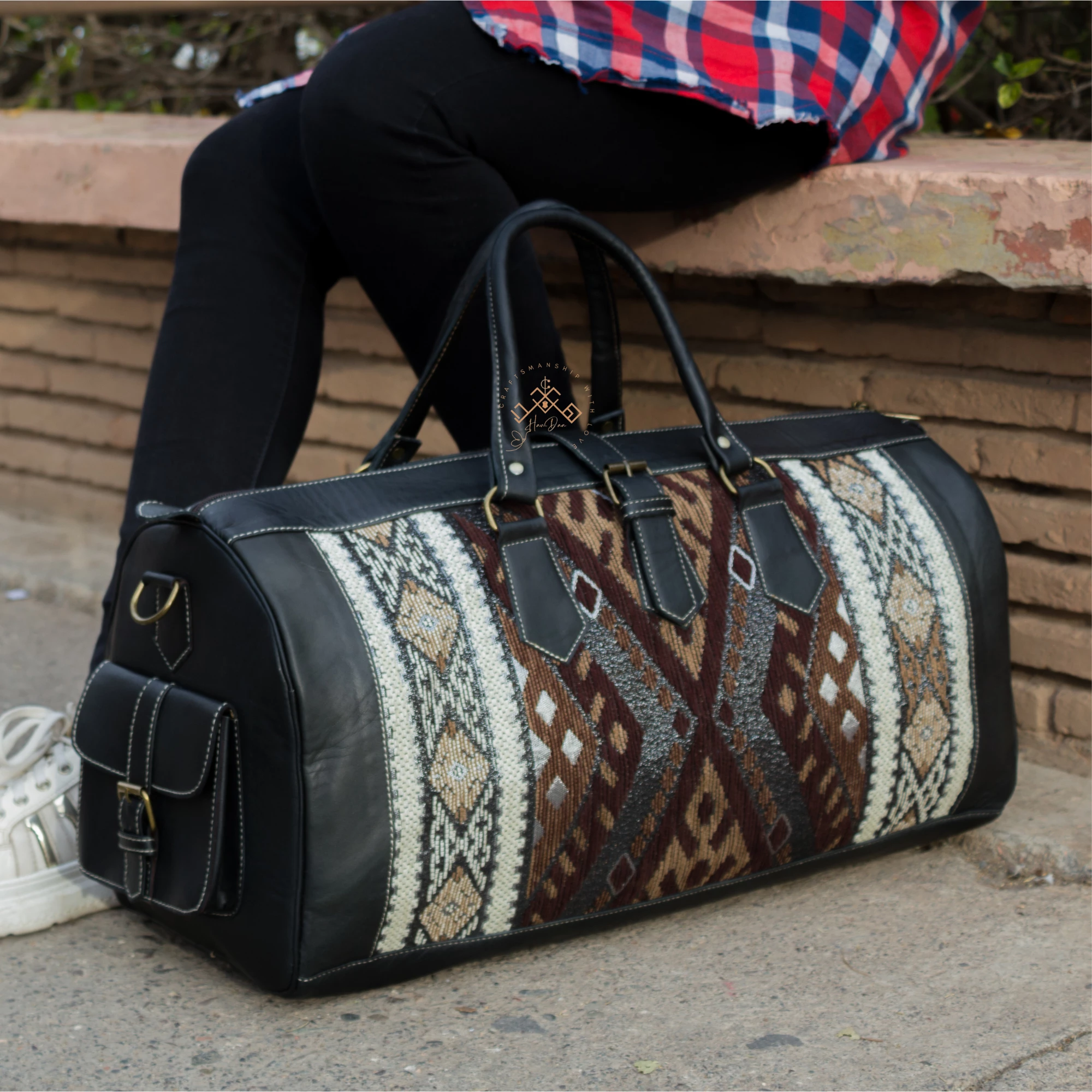Large Black Leather Travel Bag - Brown Kilim Weekender Duffel - Image 5