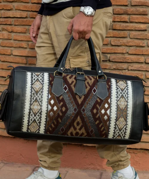 Large Black Leather Travel Bag - Brown Kilim Weekender Duffel