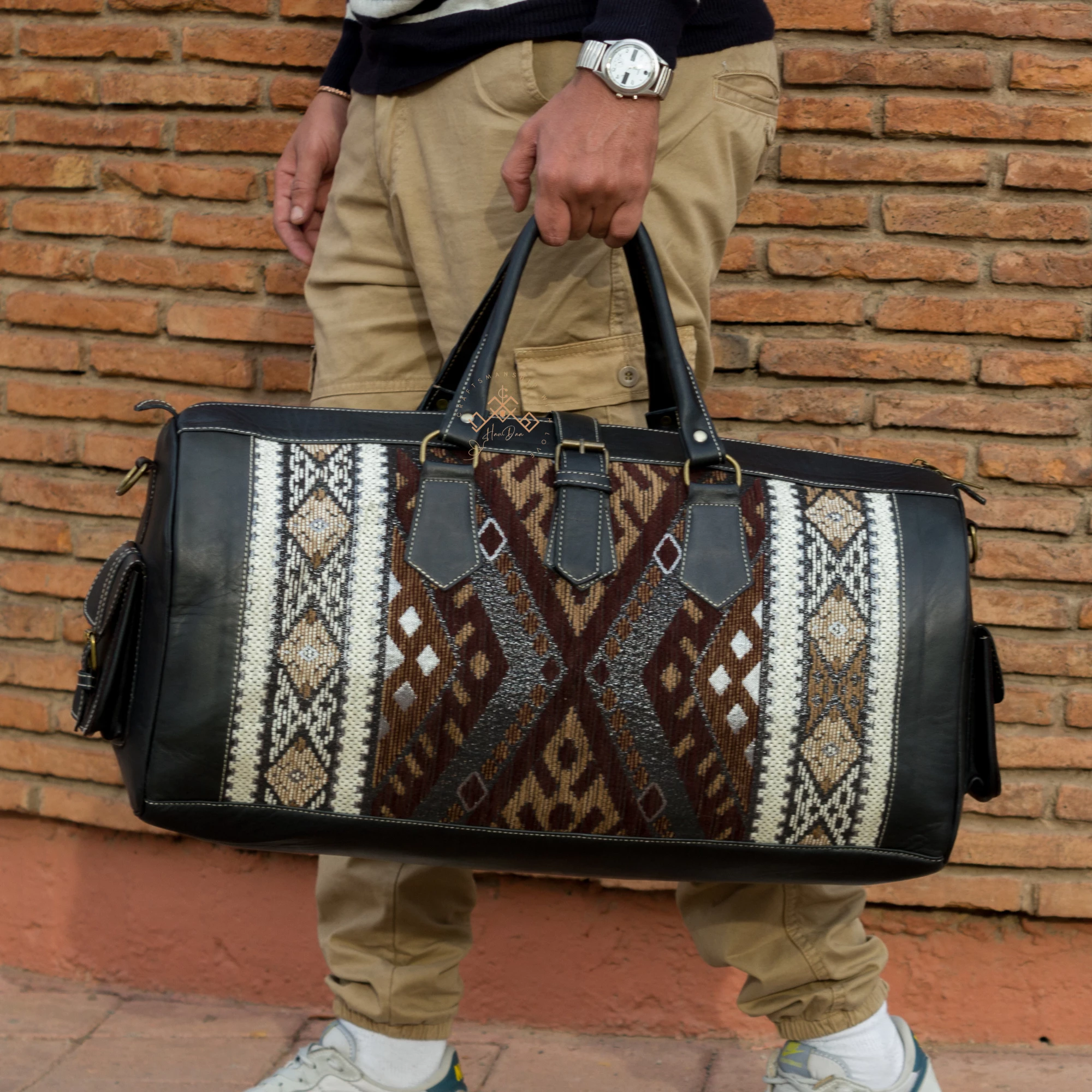 Large Black Leather Travel Bag - Brown Kilim Weekender Duffel
