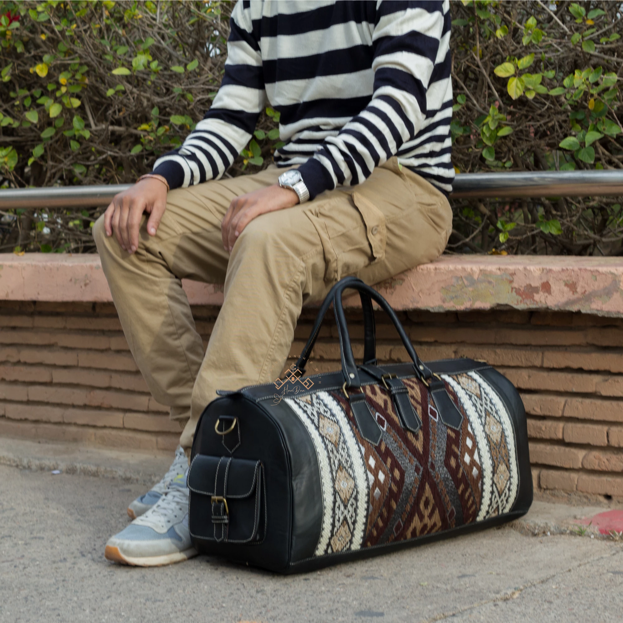 Large Black Leather Travel Bag - Brown Kilim Weekender Duffel - Image 2