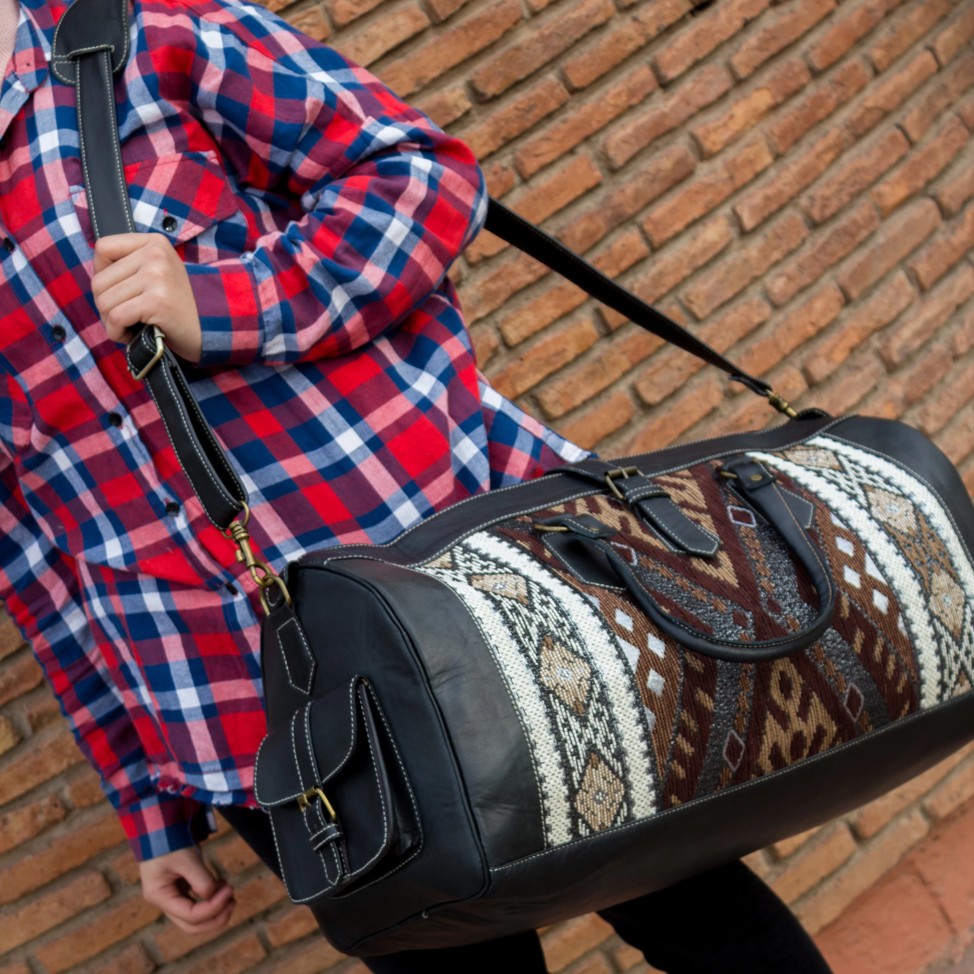 Large Black Leather Travel Bag - Brown Kilim Weekender Duffel - Image 7