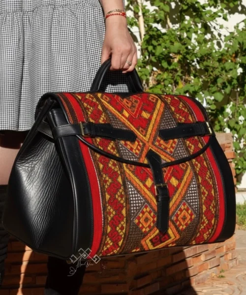 Large Genuine Leather Duffel - Red-Orange Kilim Travel Bag
