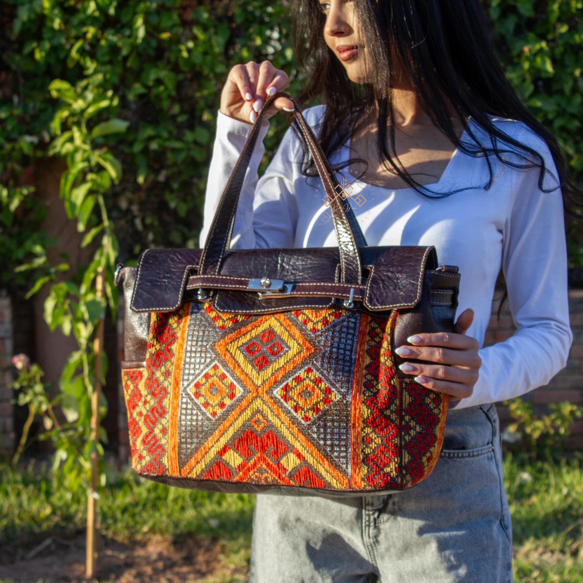 Artisan Leather Handbag - Luxe Red Kilim Shoulder Bag - Image 7