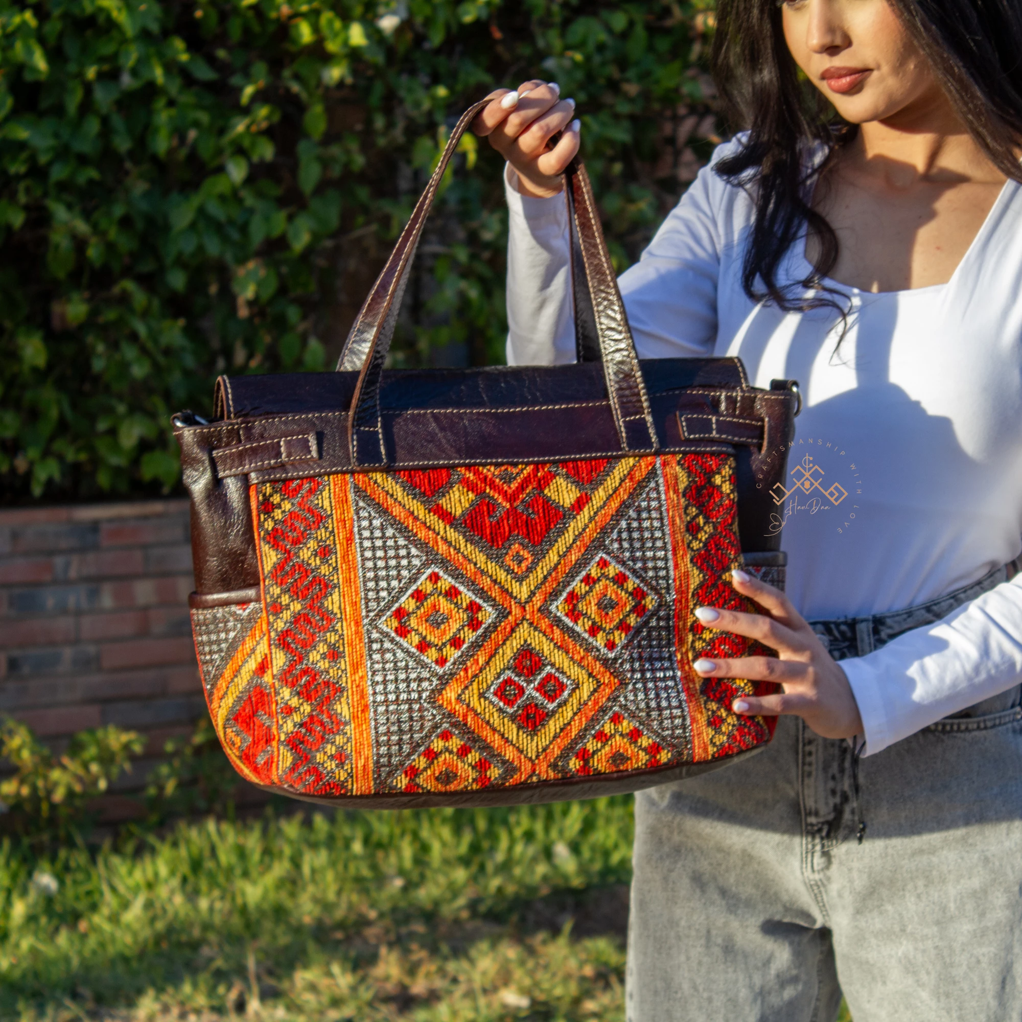 Artisan Leather Handbag - Luxe Red Kilim Shoulder Bag - Image 8