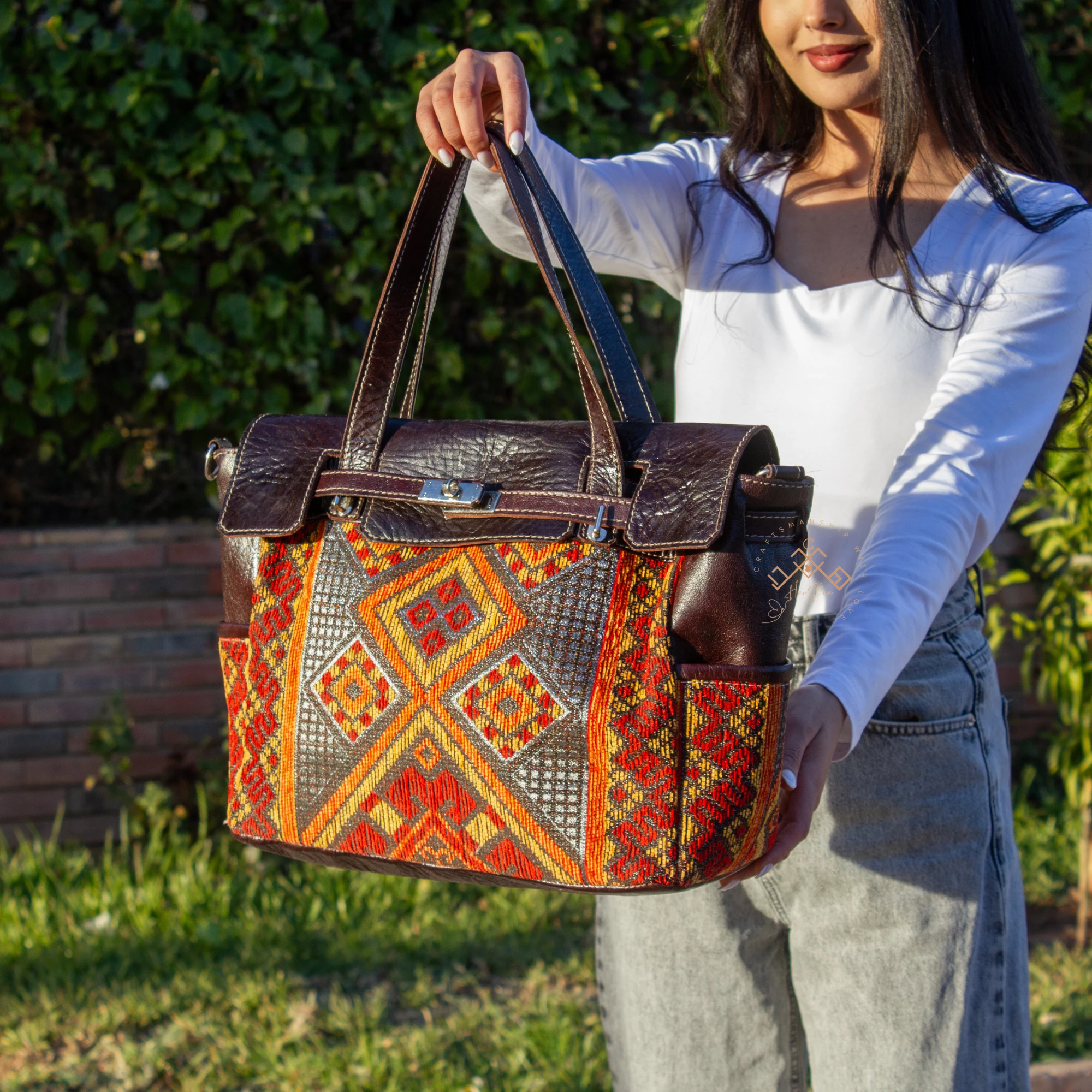 Artisan Leather Handbag - Luxe Red Kilim Shoulder Bag - Image 9