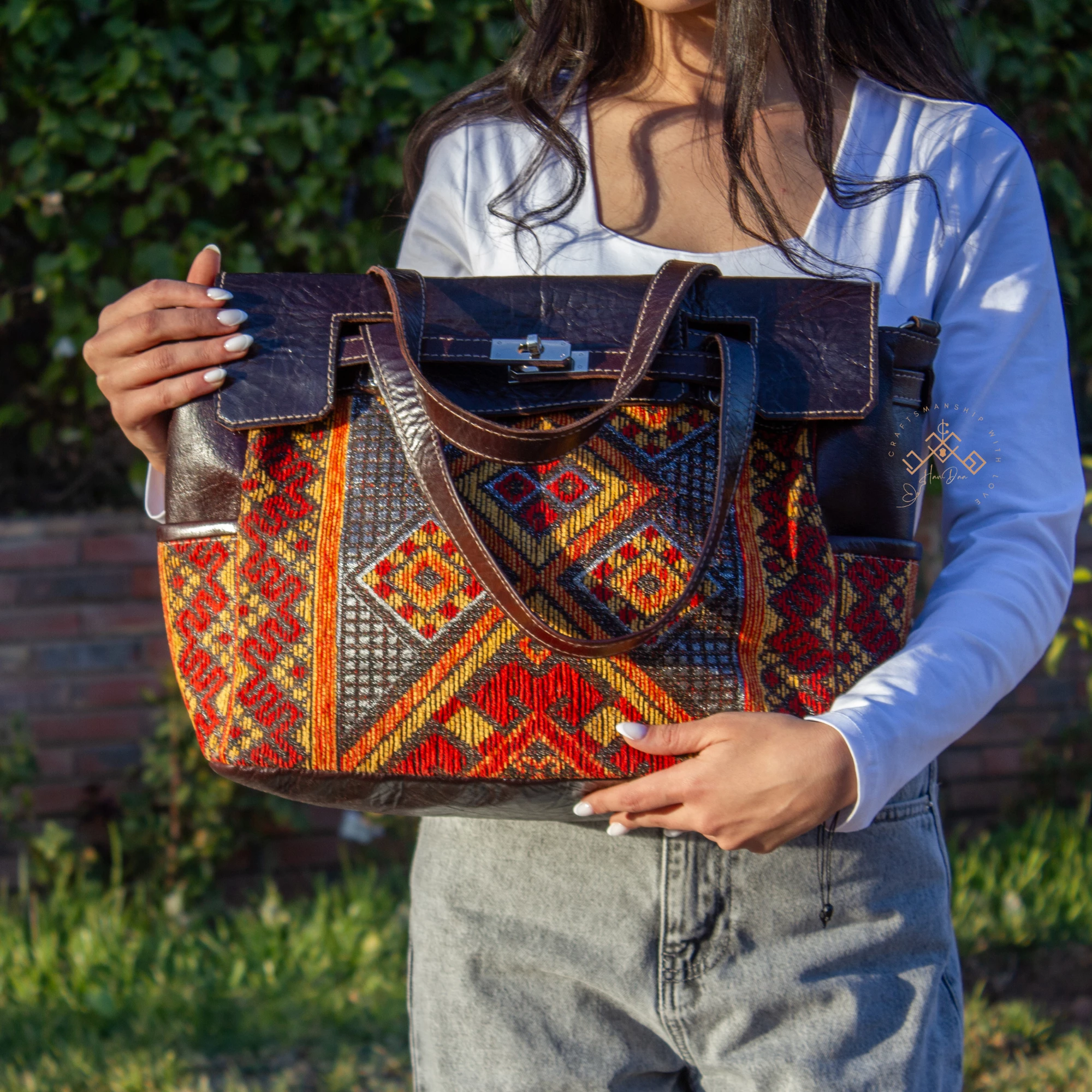 Artisan Leather Handbag - Luxe Red Kilim Shoulder Bag - Image 10