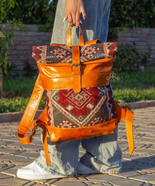 Havan Roll Top Leather Backpack With Red Kilim