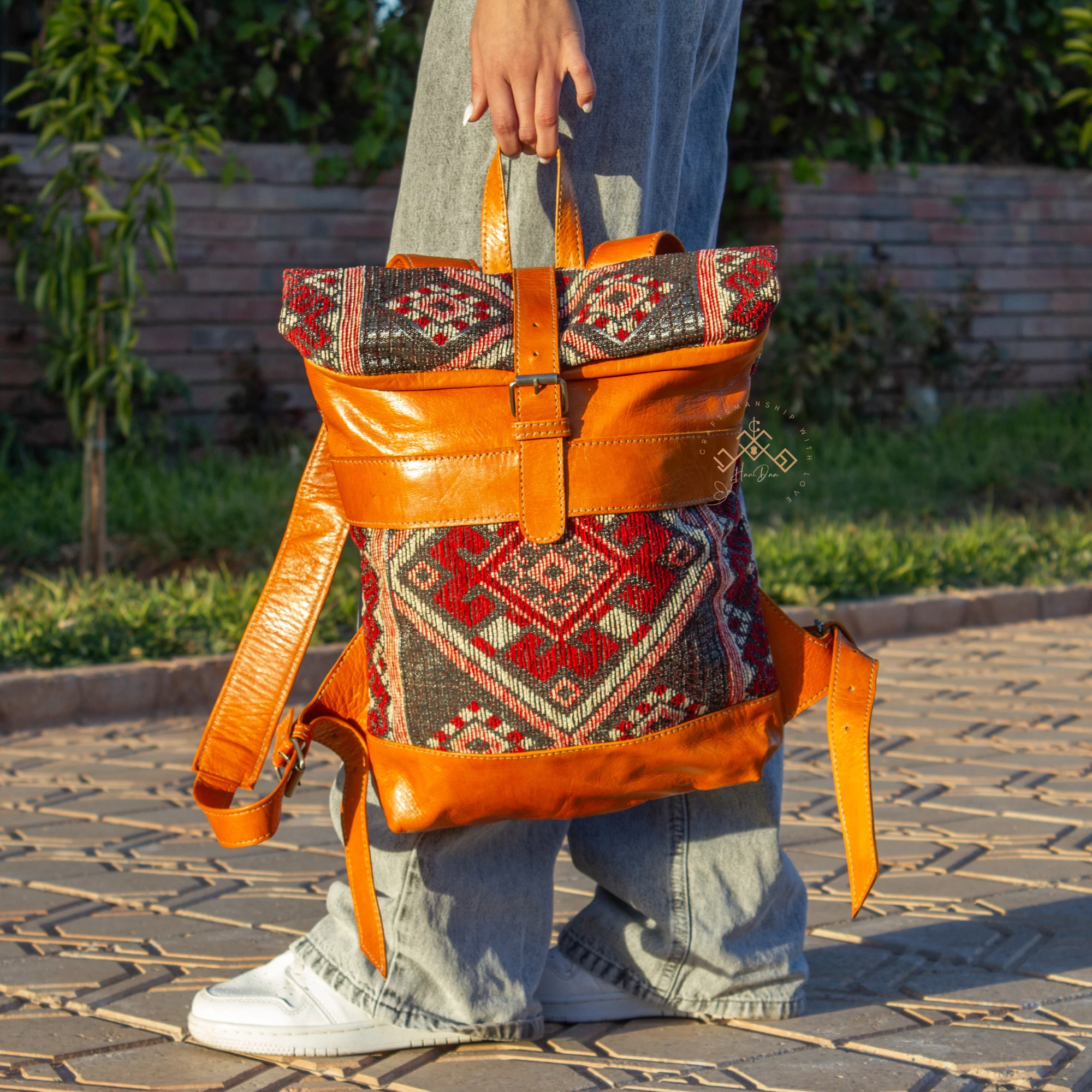 Havan Roll Top Leather Backpack With Red Kilim