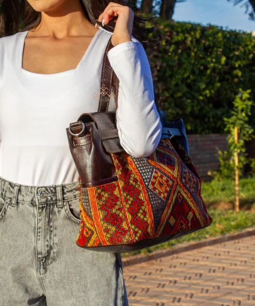 Artisan Leather Handbag - Luxe Red Kilim Shoulder Bag