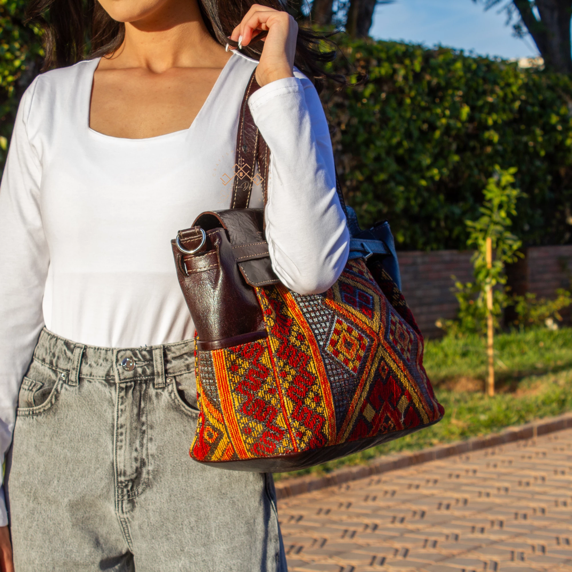 Artisan Leather Handbag - Luxe Red Kilim Shoulder Bag